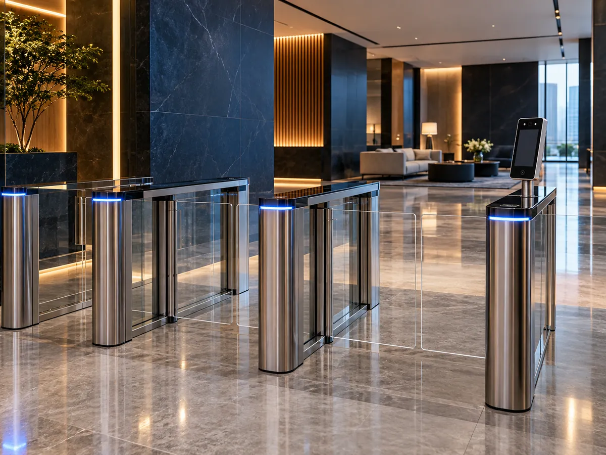 Glass flap barrier turnstiles with face recognition terminal in an office lobby