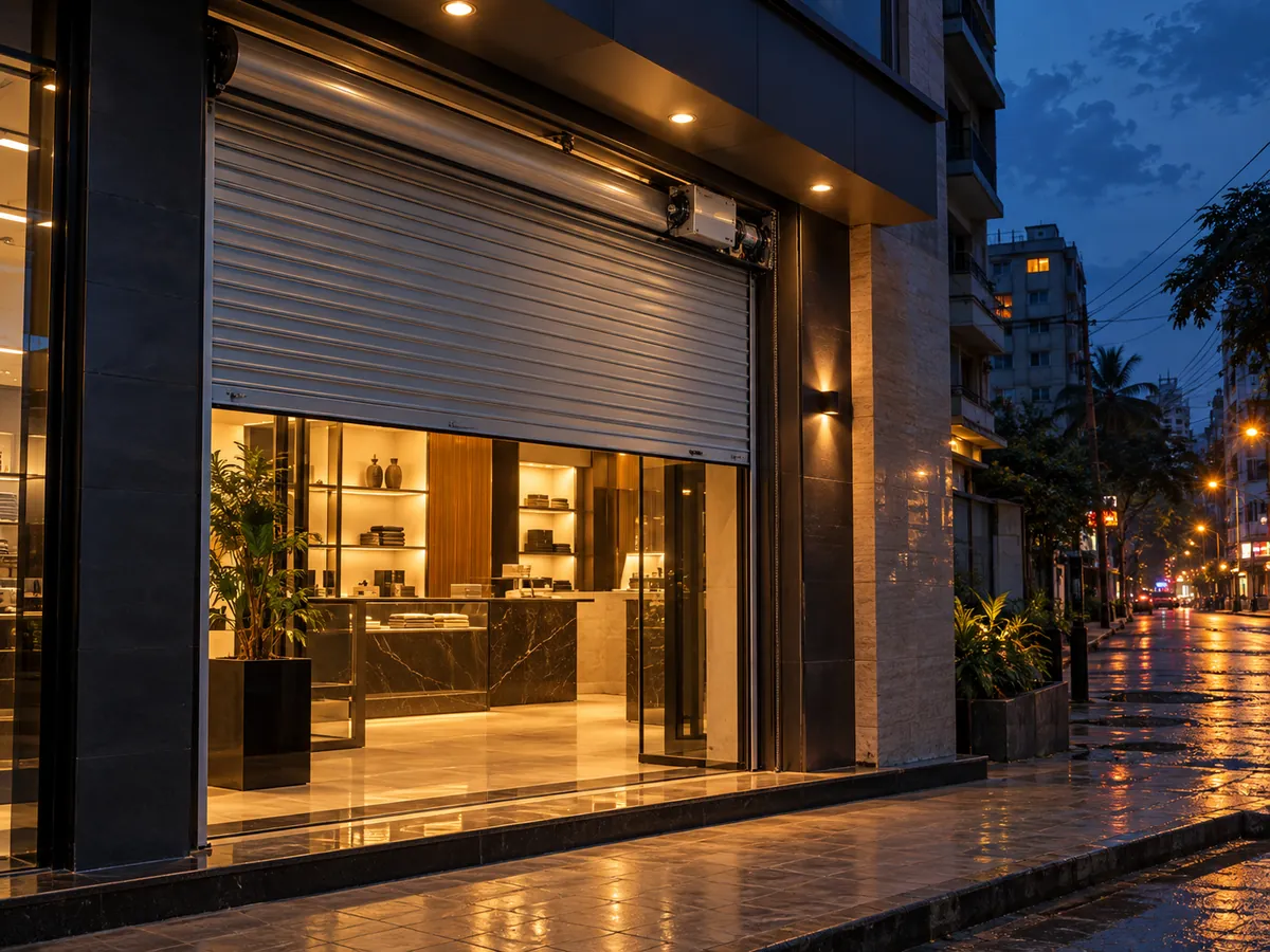 Automatic rolling shutter with motor on a shop front