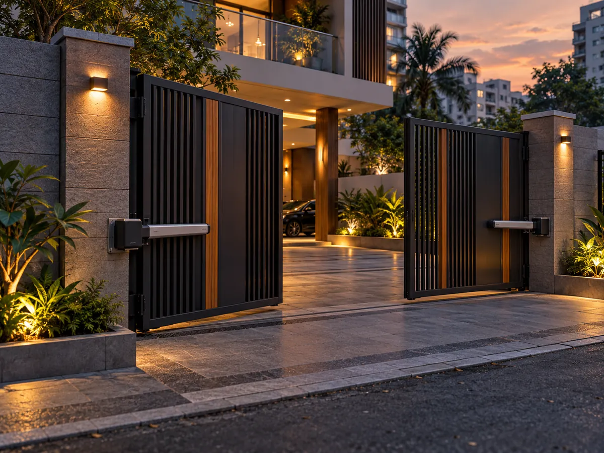 Automatic swing gate with motor arms at a residential building