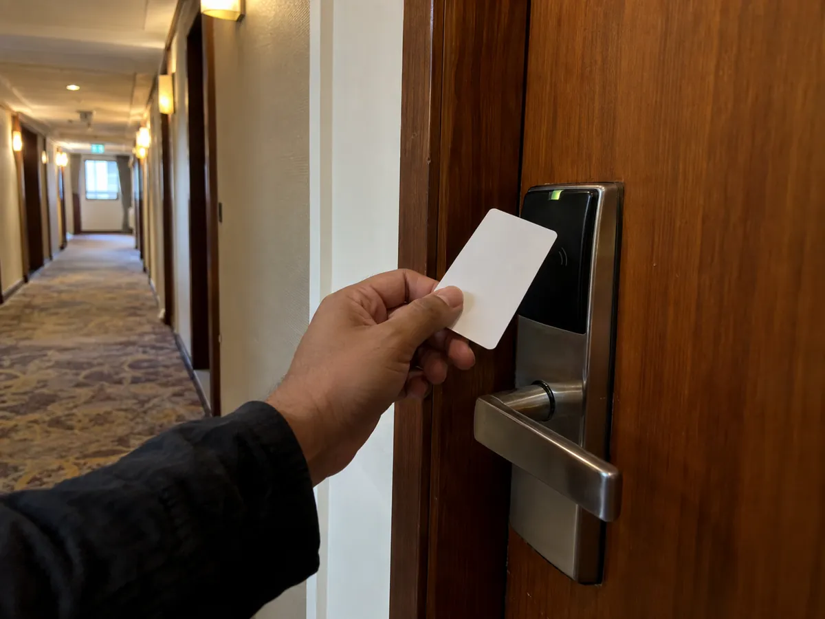 Guest opening a hotel room door with an RFID card lock