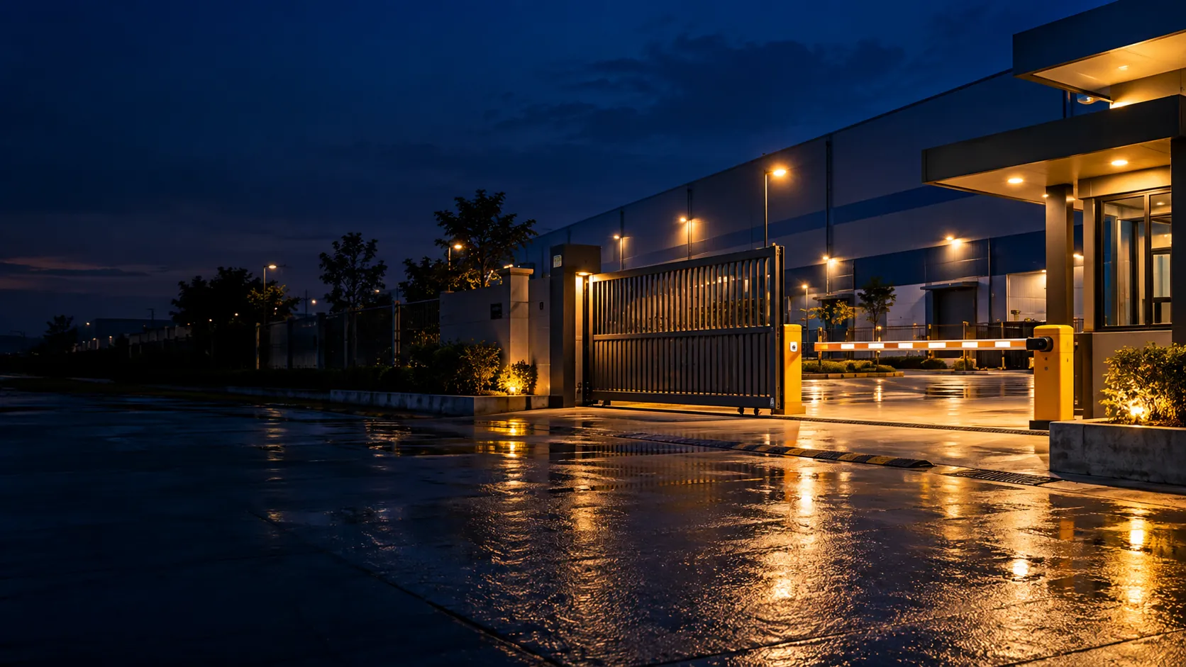 Automatic sliding gate and boom barrier at a factory entrance at night