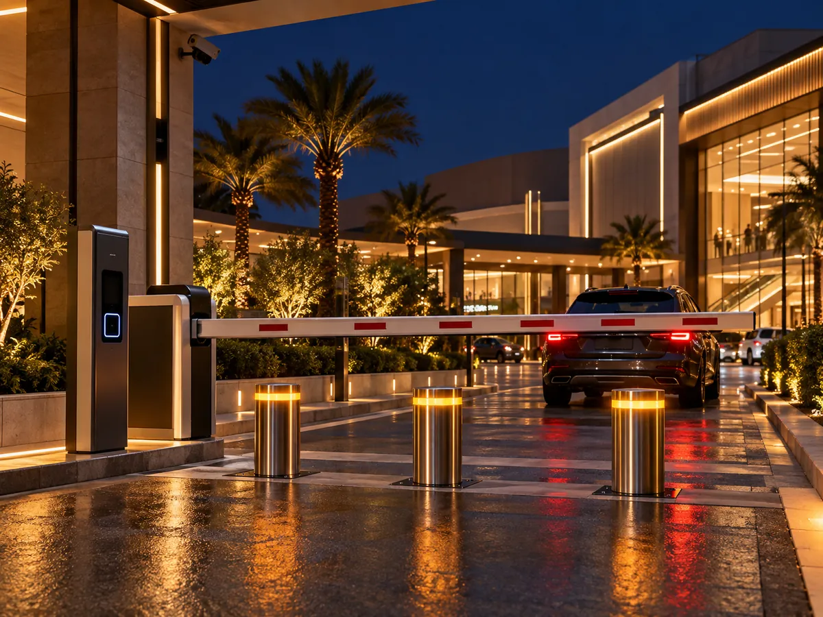 Parking boom barrier, RFID reader and rising bollards at a mall entrance