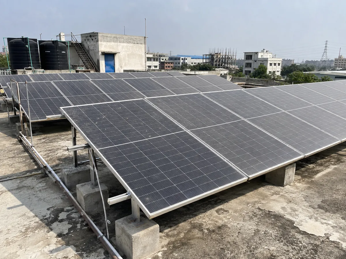 Solar panels installed on a factory rooftop in Gazipur, Bangladesh