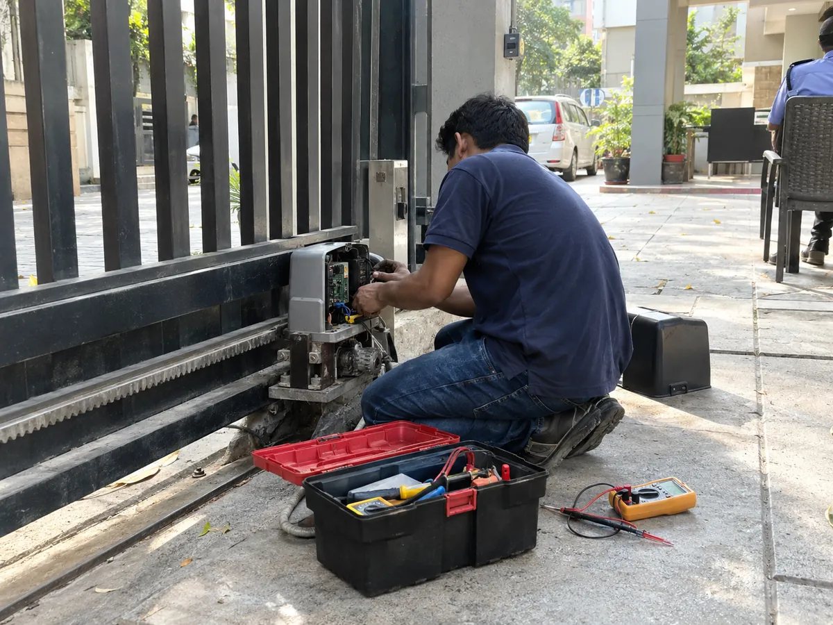 Technician repairing an automatic sliding gate motor with a multimeter