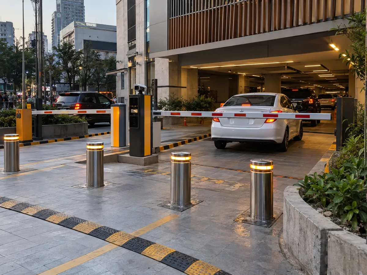 Automatic boom barrier, ticket column and rising bollards at a building car park entrance